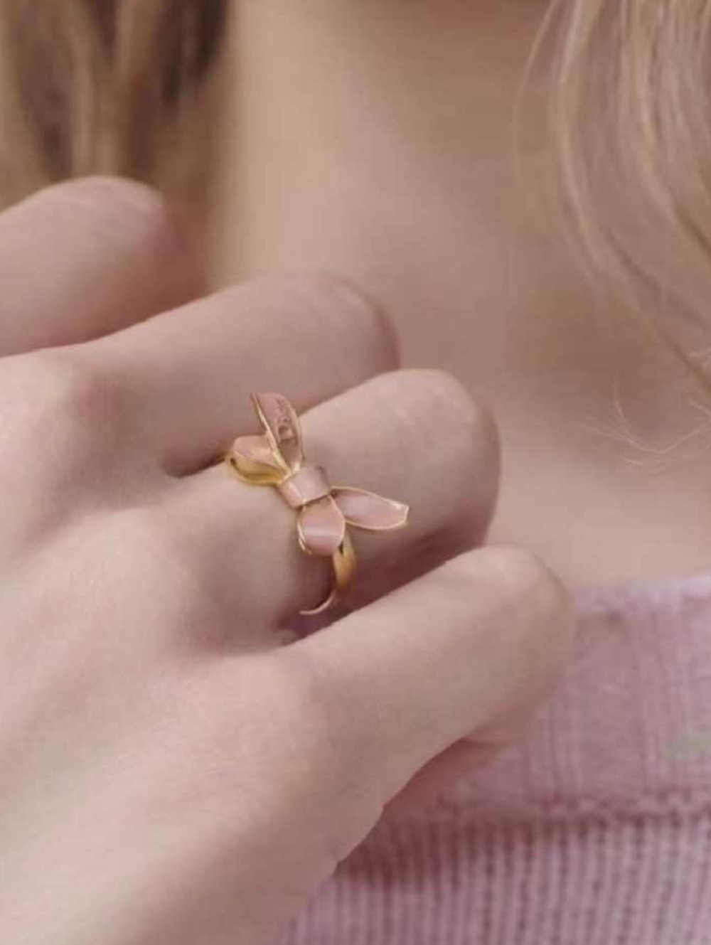 Dior Gold Bow Ring with Soft Pink Enamel